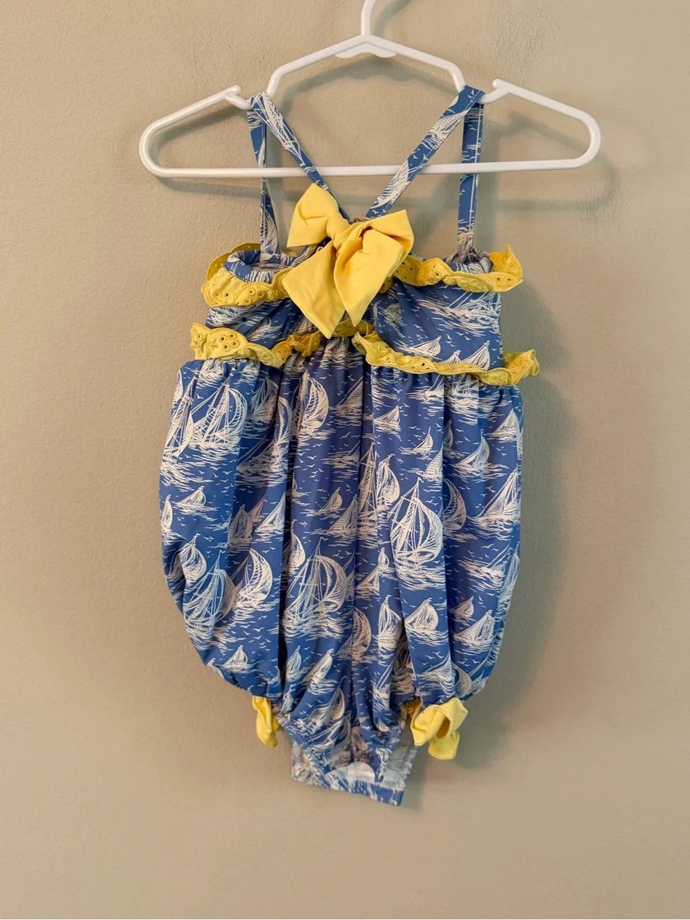 The Beaufort Bonnet Company Blue & Yellow Sailboat Bubble Swimsuit